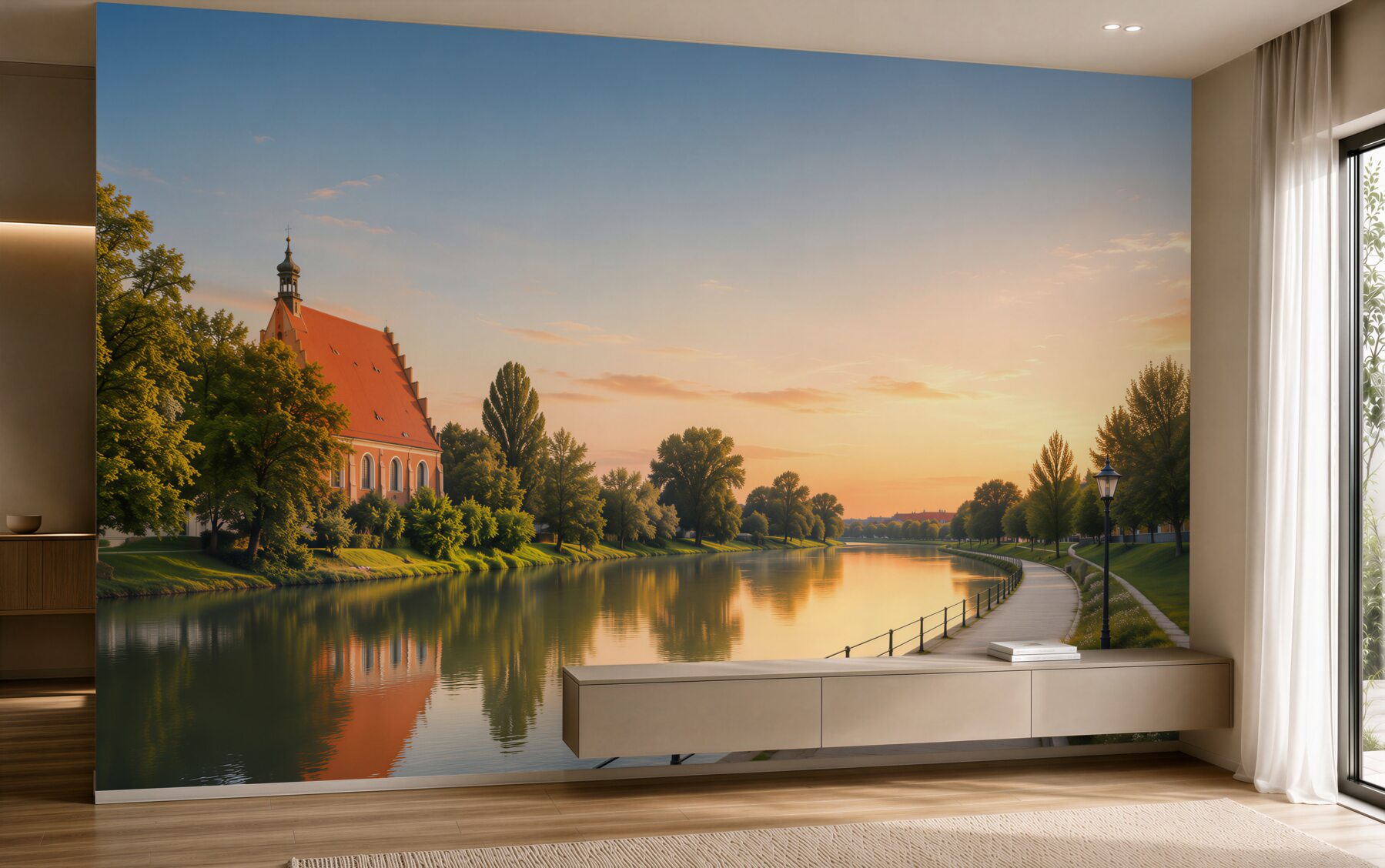 Fototapeta Architektura miasta Bydgoszcz z odbiciem w rzece Brda o zachodzie słońca?v23